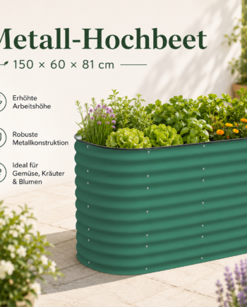 Metall-Hochbeet 150 × 60 × 81 cm in Dunkelgrün – Hohes Gemüsebeet aus Wellblech für Garten und Terrasse